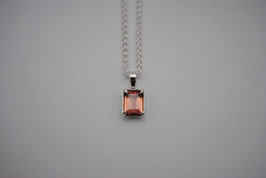 Pink Tourmaline Necklace: Emerald Cut, Silver Leaf Basket Setting, Silver Wheat Chain