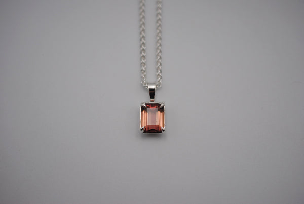 Pink Tourmaline Necklace: Emerald Cut, Silver Leaf Basket Setting, Silver Wheat Chain