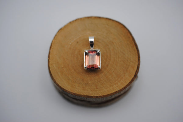 Pink Tourmaline Necklace: Emerald Cut, Silver Leaf Basket Setting, Silver Wheat Chain