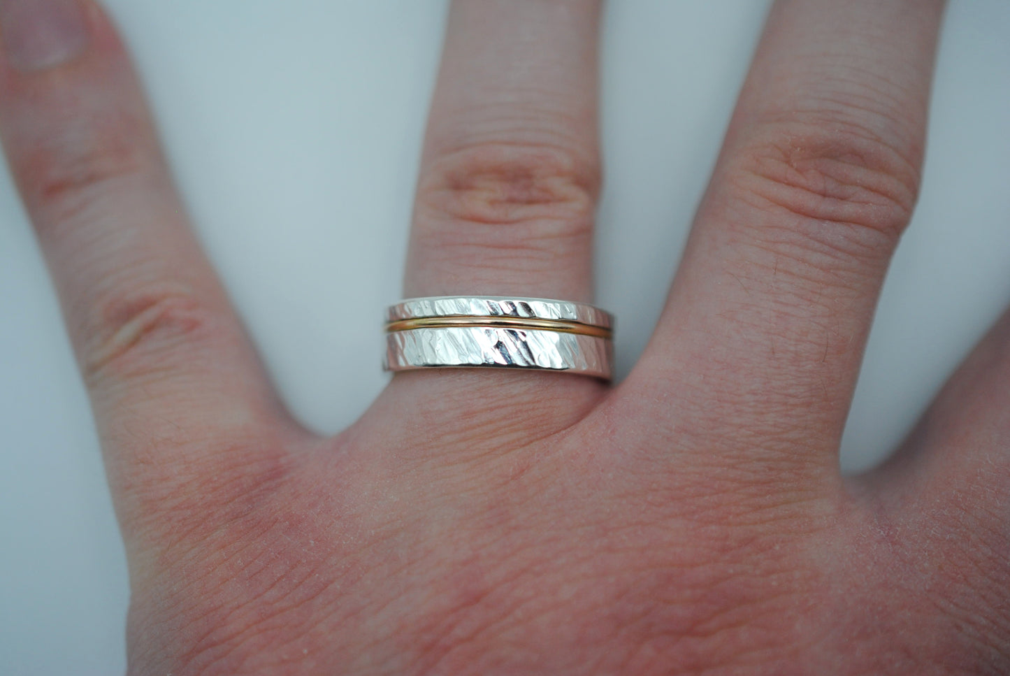 Ring Band: Silver, Rose Gold Inlay, Bark High Polish