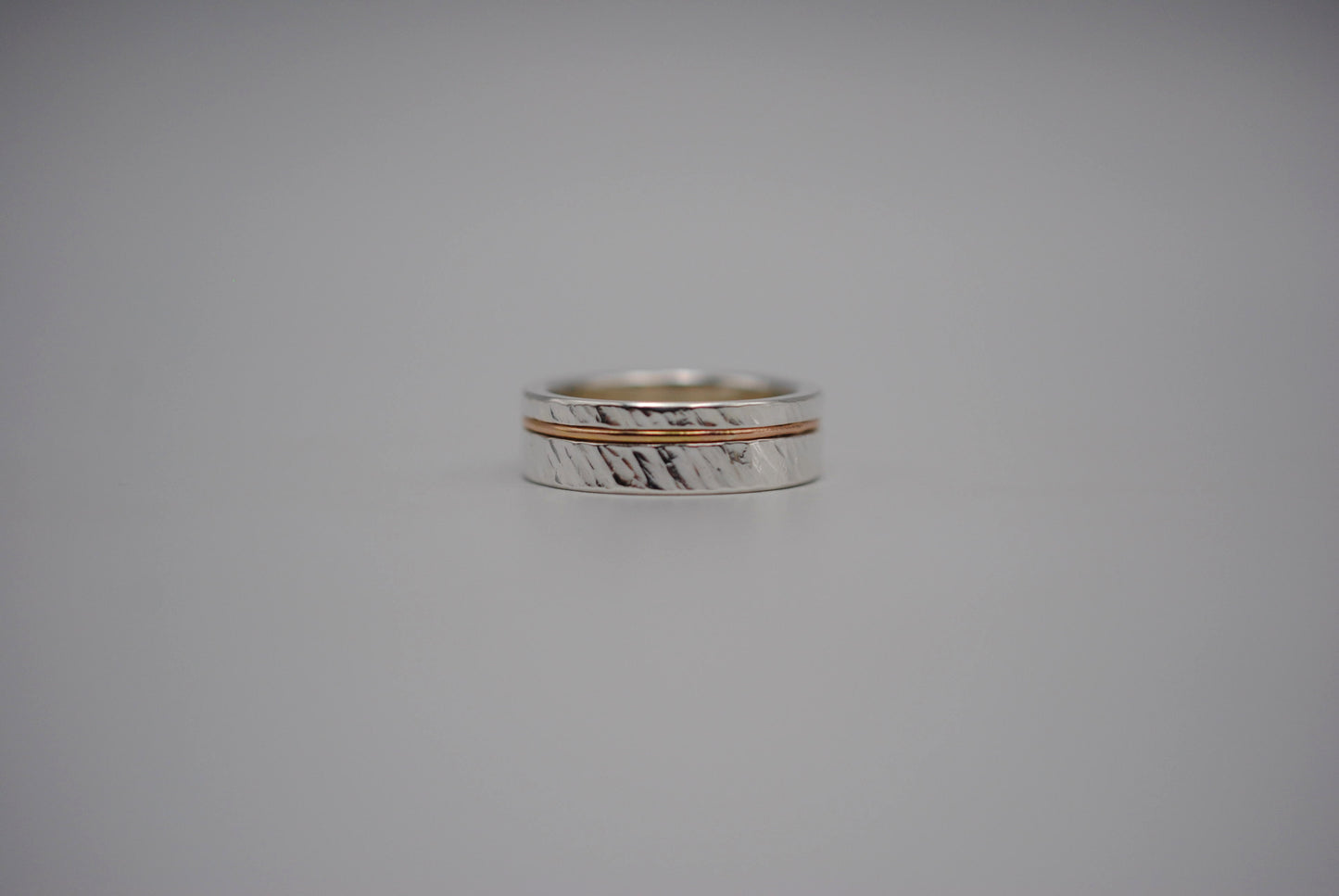 Ring Band: Silver, Rose Gold Inlay, Bark High Polish