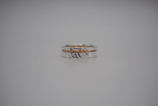 Ring Band: Silver, Rose Gold Inlay, Bark High Polish