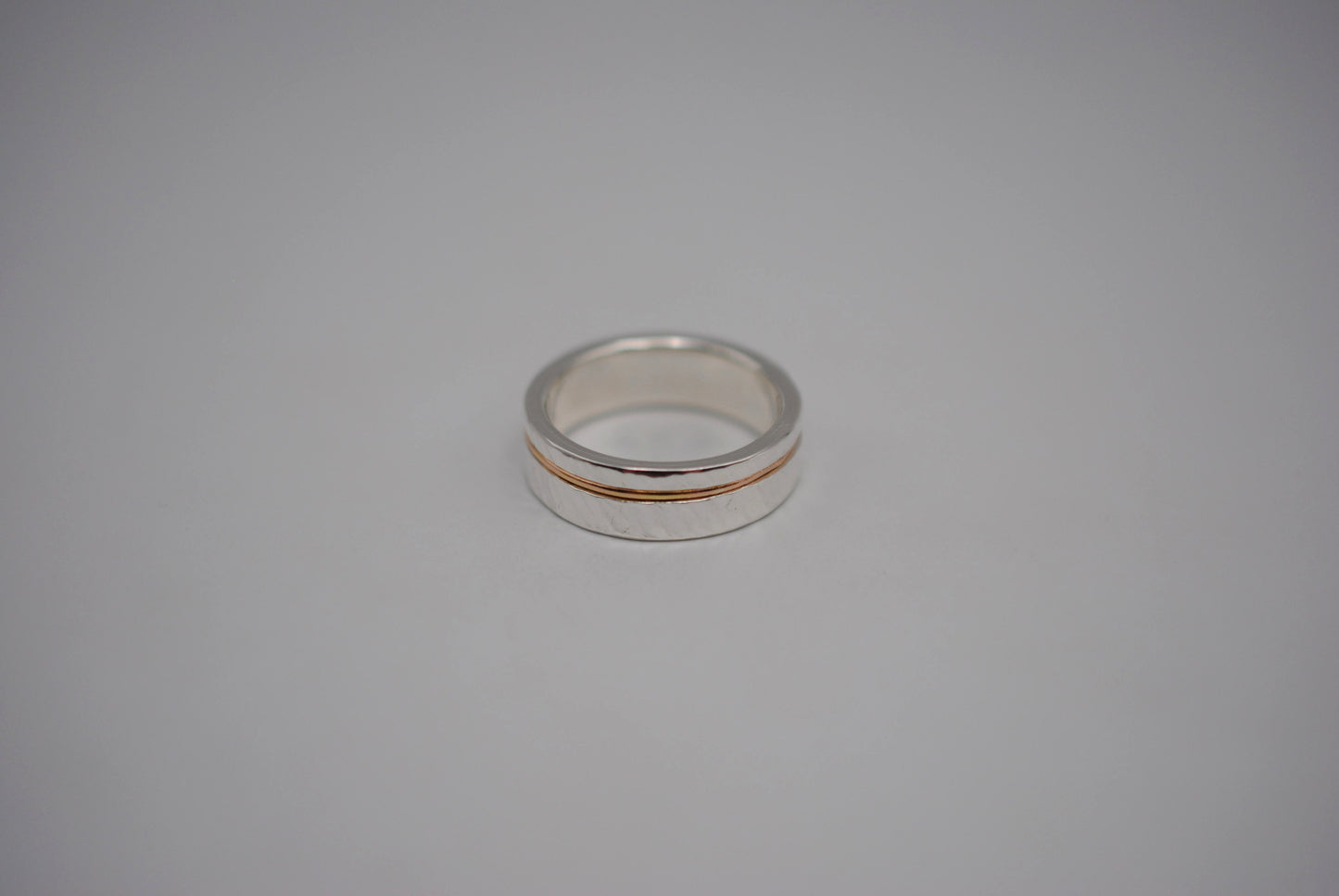 Ring Band: Silver, Rose Gold Inlay, Bark High Polish