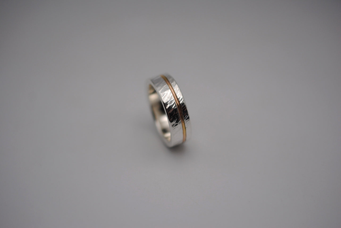 Ring Band: Silver, Rose Gold Inlay, Bark High Polish