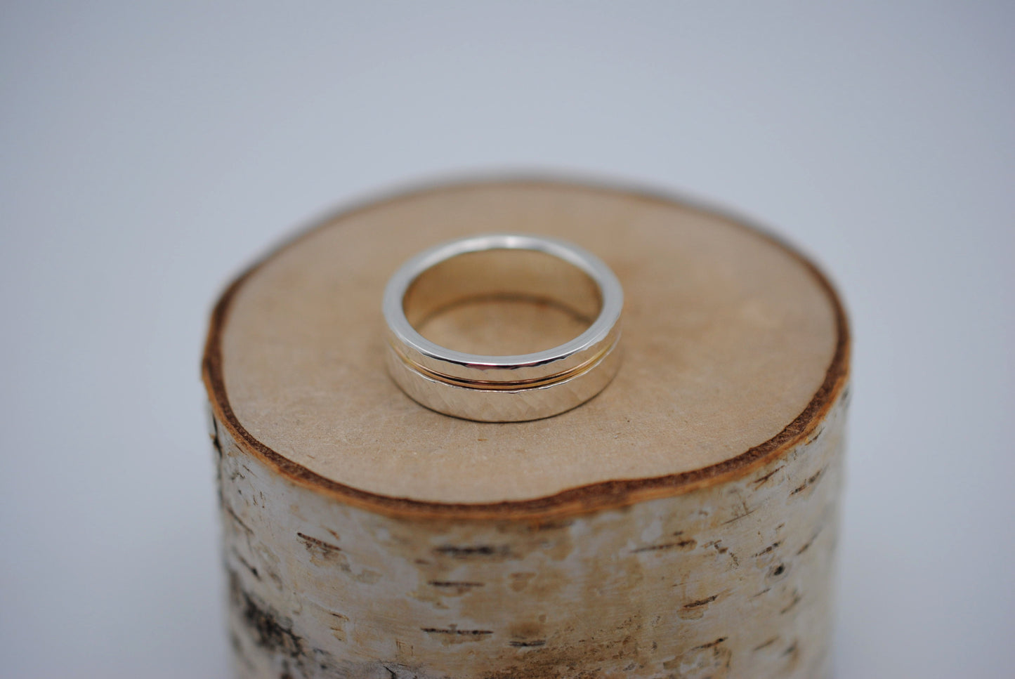 Ring Band: Silver, Rose Gold Inlay, Bark High Polish