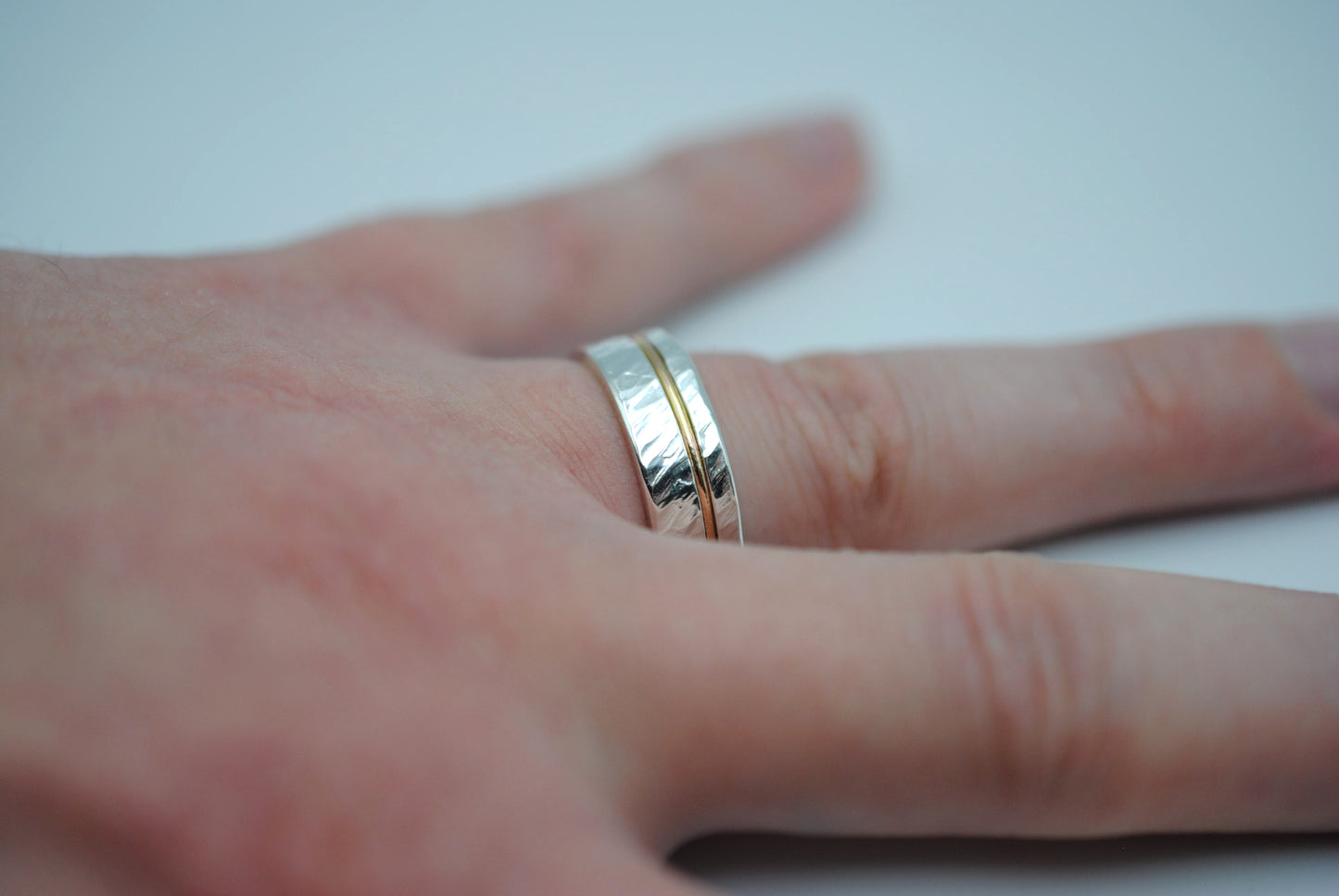 Ring Band: Silver, Rose Gold Inlay, Bark High Polish