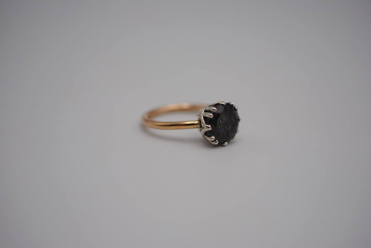 Round Rutilated Quartz on Yellow Gold Band in Prong Setting Ring