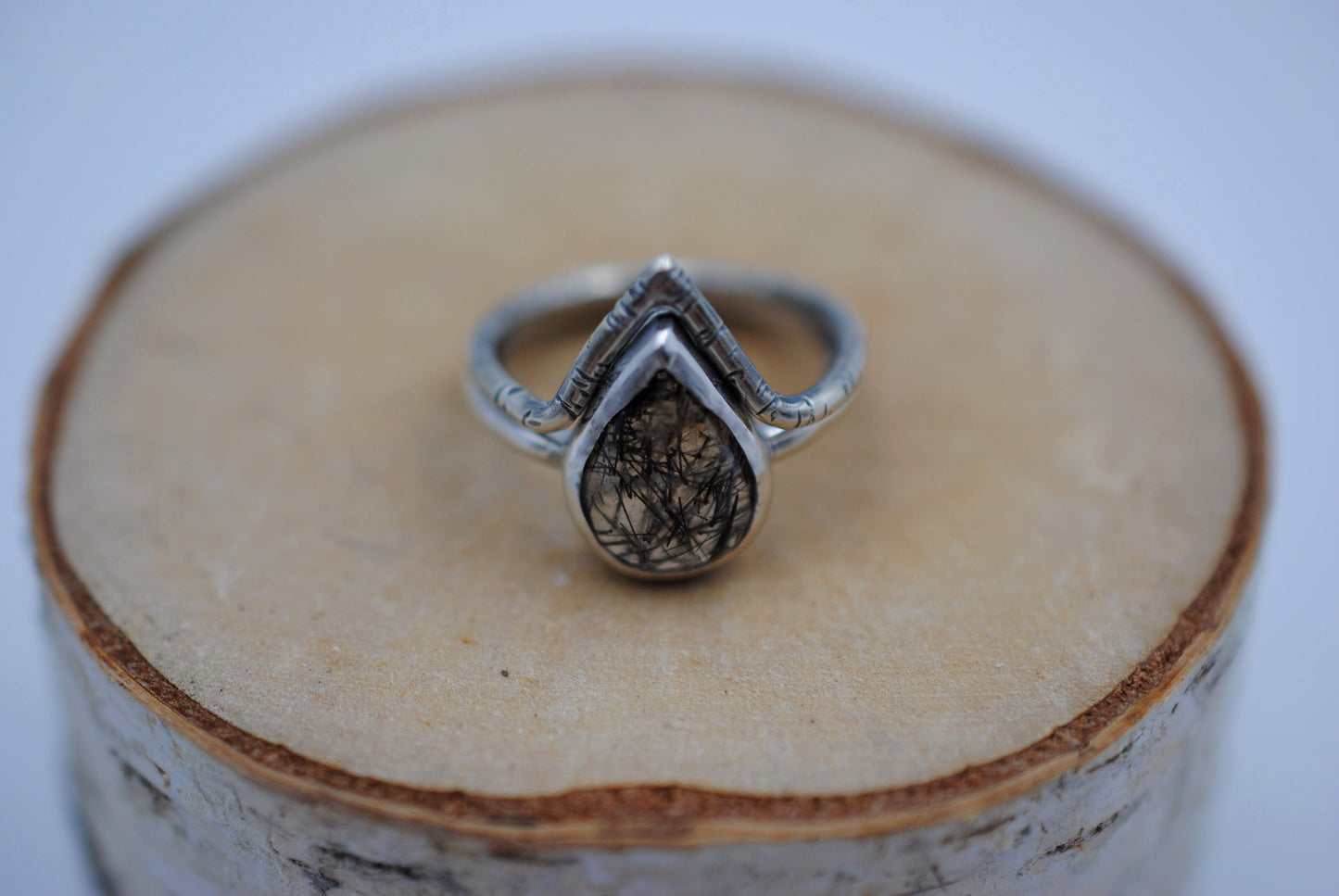 Rutilated Quartz Bezel Set Ring with Shadow Band