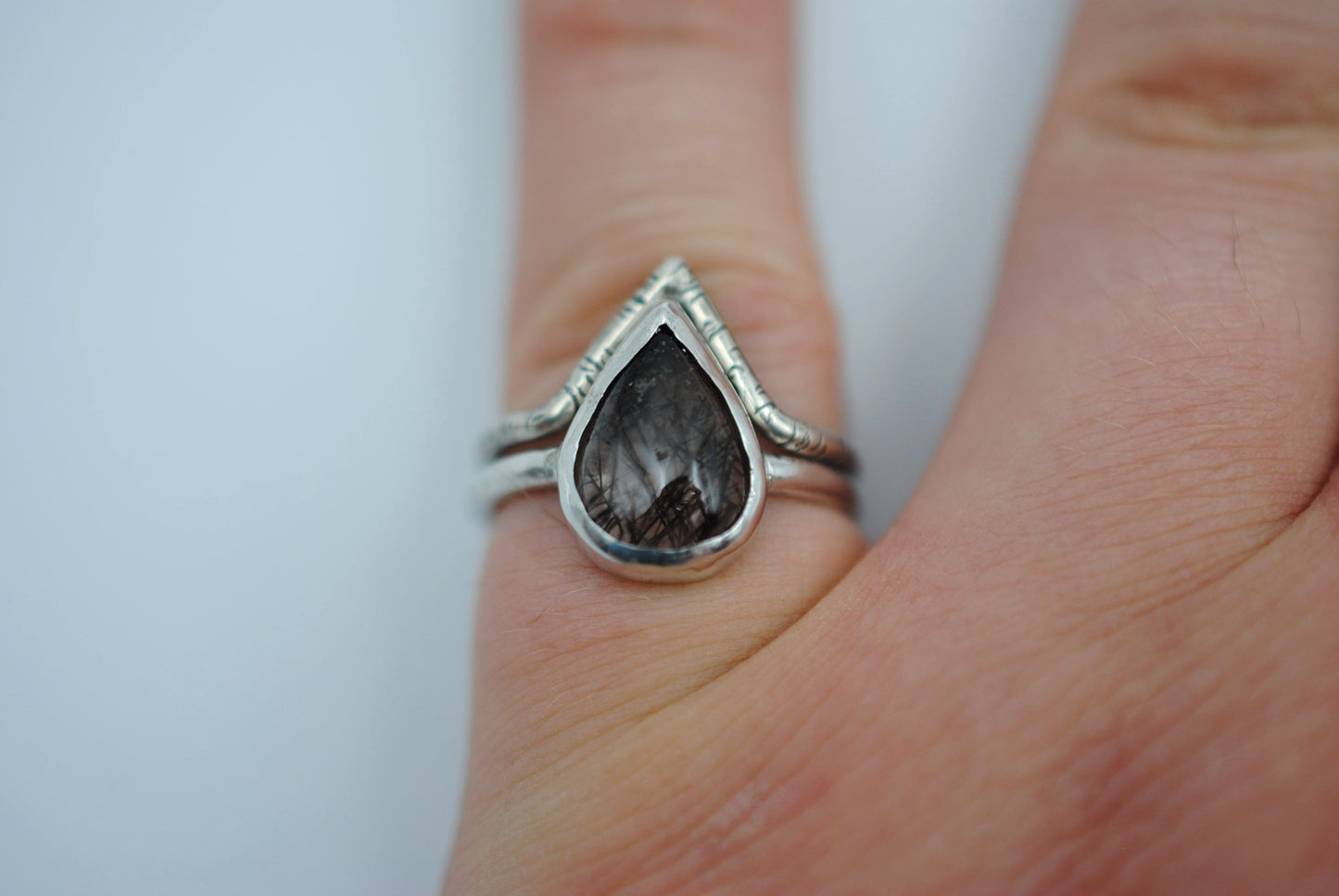 Rutilated Quartz Bezel Set Ring with Shadow Band