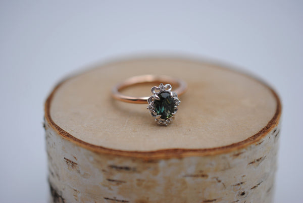 Sapphire Ring: Oval Cut, Rose Gold Band, Melee White Gold Setting