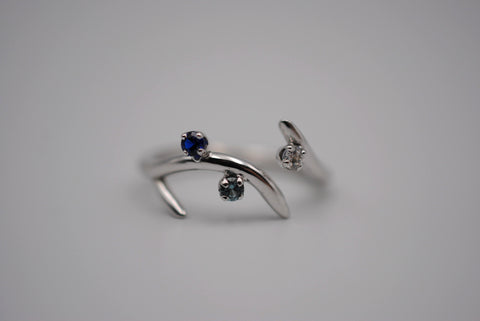 Sprout Rhodium Roots Ring with Blue Sapphire, Aquamarine, and Cubic Zirconia Gemstones