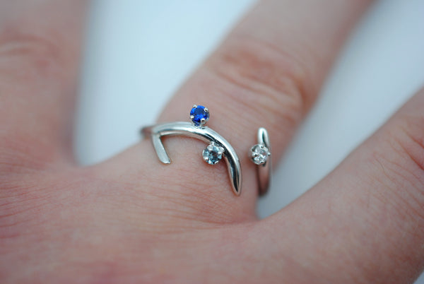 Sprout Rhodium Roots Ring with Blue Sapphire, Aquamarine, and Cubic Zirconia Gemstones