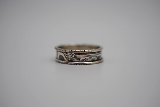 Three Tone Copper, Silver, Shibuichi Mokume Gane Ring with Silver Birch Banding