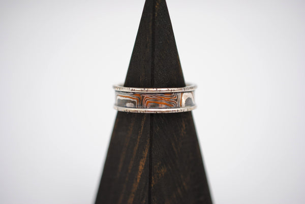 Three Tone Copper, Silver, Shibuichi Mokume Gane Ring with Silver Birch Banding