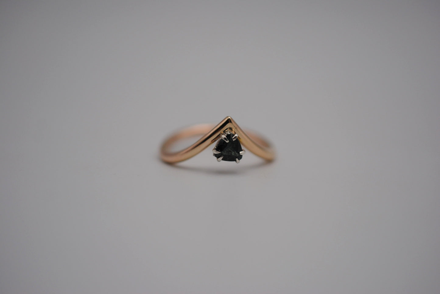 Nigerian Sapphire Ring: Trillion Cut, Yellow Gold Chevron Band, Silver Setting