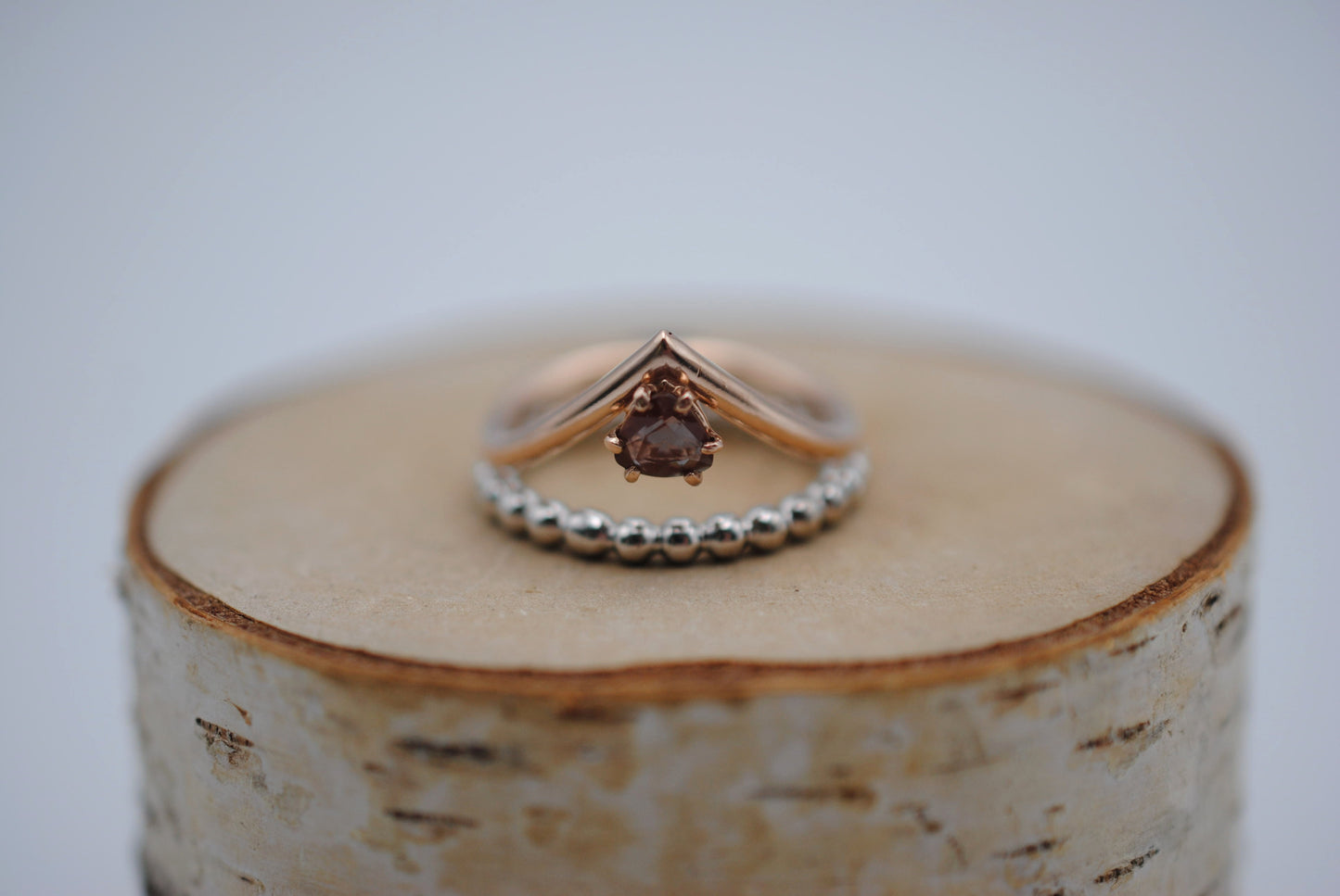 Trillion Oregon Sunstone on Rose Gold Chevron Band in Rose Gold Setting Ring with Bubble Stacker